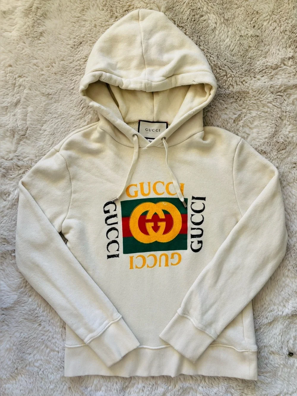 Vintage Gucci Hoodie Distressed Cream Logo Printed Loopback Cotton Size: Small
